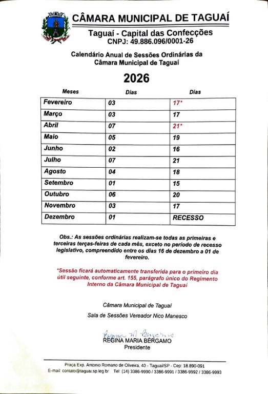 Calendário Anual de Sessões Ordinárias de 2026