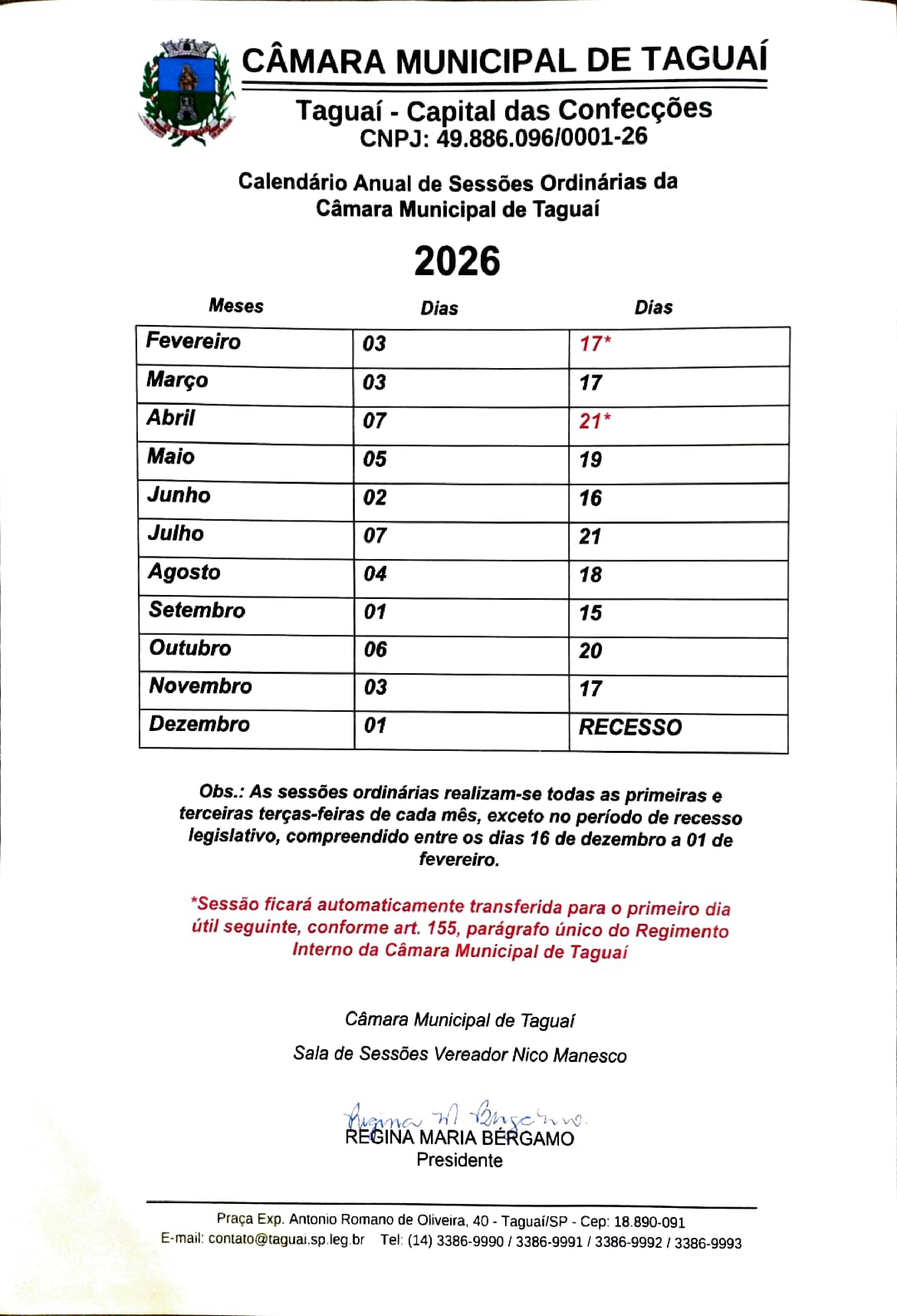 Calendário Anual de Sessões Ordinárias de 2026