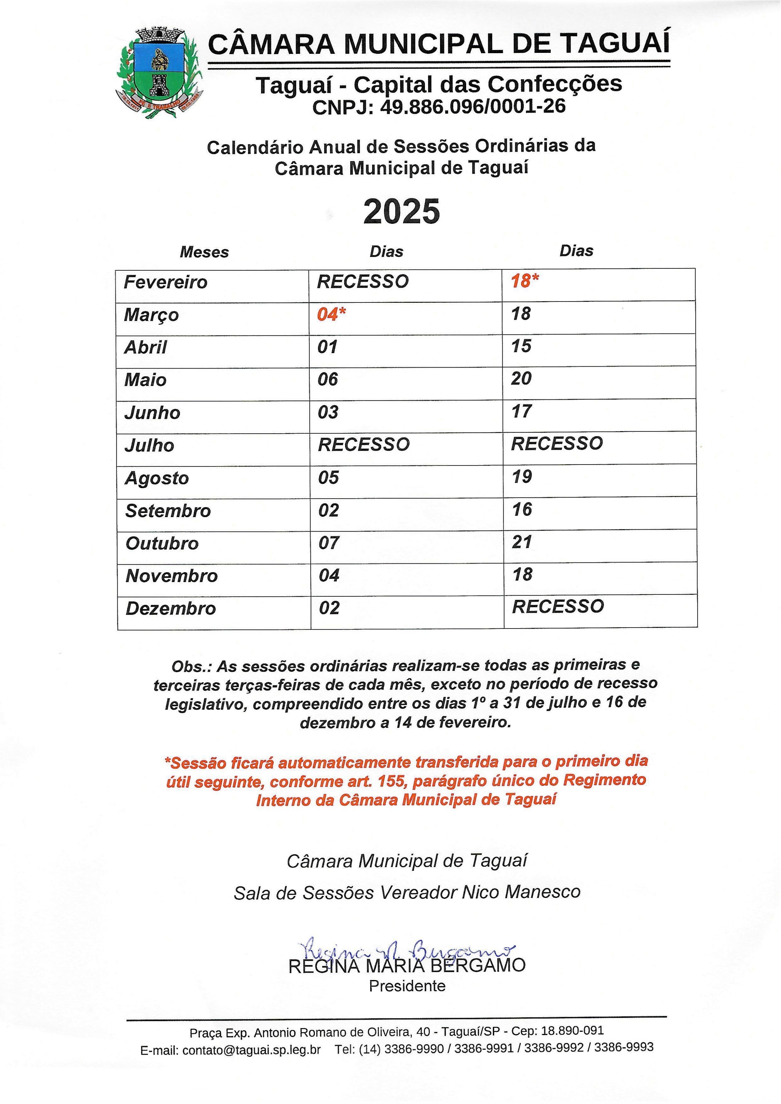 Calendário de Sessões Ordinárias - 2025