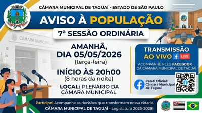 Câmara de Taguaí realiza 7ª Sessão Ordinária de 2026 nesta terça-feira (05)