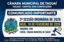 Câmara Municipal de Taguaí realiza hoje a 2ª Sessão Ordinária de 2026