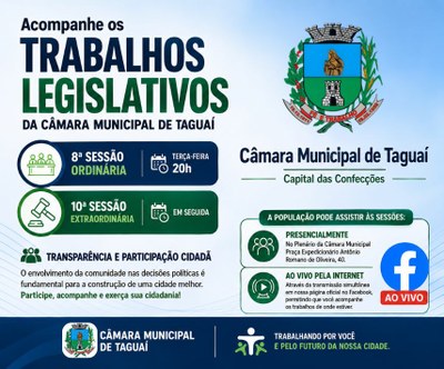 Câmara Municipal de Taguaí realiza hoje a 8ª Sessão Ordinária e a 10ª Sessão Extraordinária